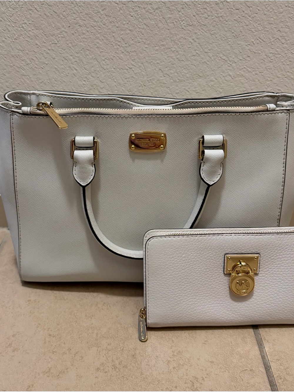 Michael Kors White Saffiano Leather Satchel with Matching Wallet